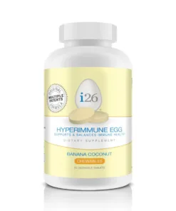 i26 Hyperimmune Egg chewable tablets in banana coconut flavor.|