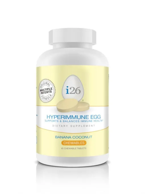 i26 Hyperimmune Egg chewable tablets in banana coconut flavor.|