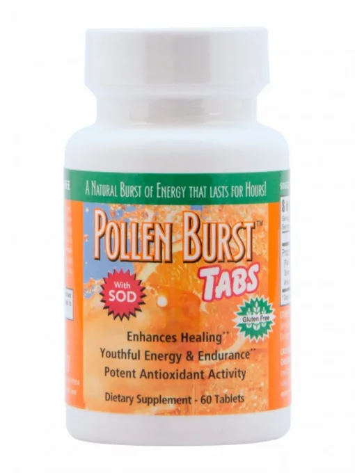 Pollen Burst Tabs bottle showcasing energy support||
